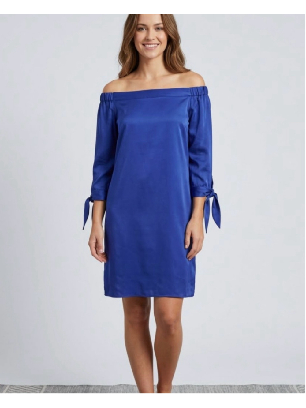 LOFT Cobalt Royal Blue Satin Off The Shoulder Tie Cuff Sleeve Shift Dress S 2128